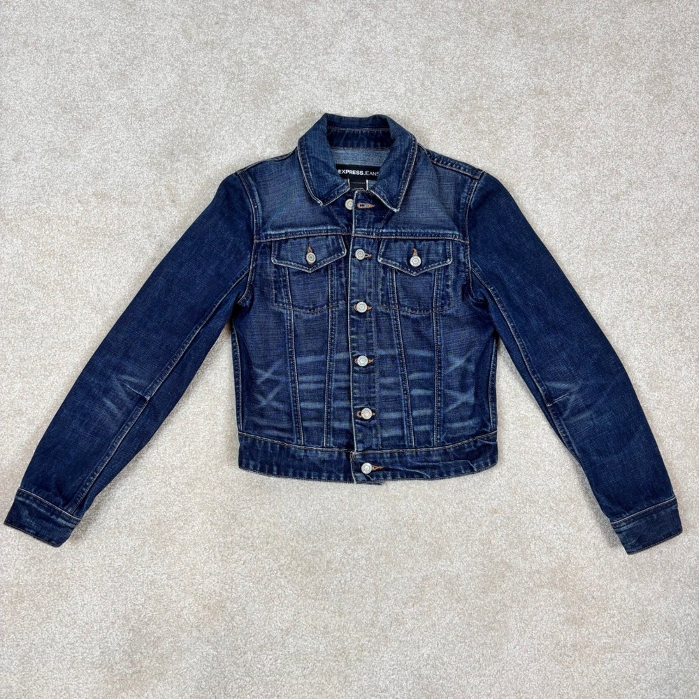 Vintage Express Jeans 90s Womens Dark Wash Denim Trucker Jacket‎ Blue Small